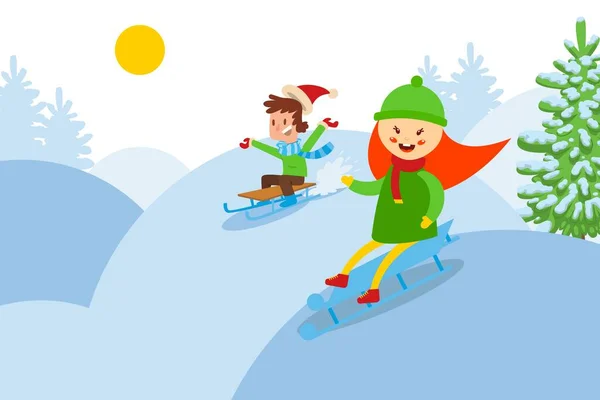Спуск с заснеженной горы детей на санях плоские векторные иллюстрации. Друзья персонаж в теплой шляпе и свитер играет в снегу . — стоковый вектор
