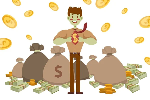 Superheldenhafter Geschäftsmann mit grüner Haut, Vektorillustration. Kerl in Hemd und T-Shirt mit gezogenem Dollarzeichen. Taschengeld — Stockvektor