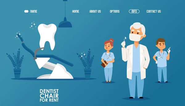 Sitio web clínica dental, silla de dentista para la ilustración vectorial alquiler. Equipo de dentistas, hombres y mujeres en uniformes médicos con dispositivos — Archivo Imágenes Vectoriales