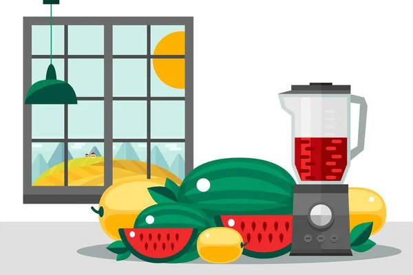 Conjunto de frutas na mesa da cozinha, ilustração de vetor de colheita em campo doméstico. Melão e melancia suculentos, preparando um coquetel saudável — Vetor de Stock