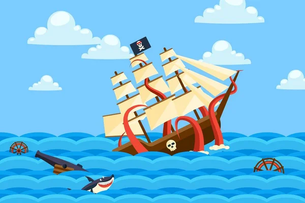 Sea monster noie les navires dans des bouteilles, illustration vectorielle de l'océan. Les longs tentacules de la créature transportent le voilier pirate sous l'eau . — Image vectorielle