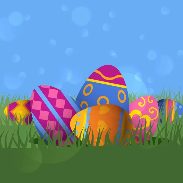 Ilustración vectorial de huevo de Pascua multicolor pintado. Hay productos festivos en la hierba, imágenes brillantes con diferentes impresiones — Vector de stock