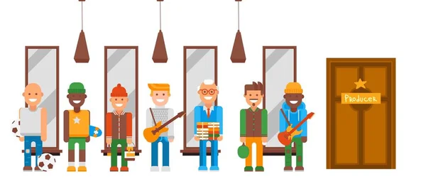 Karaktär med olika talanger som vektor illustration. Män står i kö hos dörrproducenten som sponsrar deras hobby. Killar med gitarr — Stock vektor