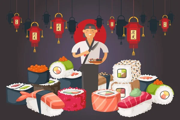Jefes nacionalidad asiática personas vector ilustración. Cocinero de sushi profesional con bata especial, delantal. El hombre sostiene cuchillo y tabla — Vector de stock
