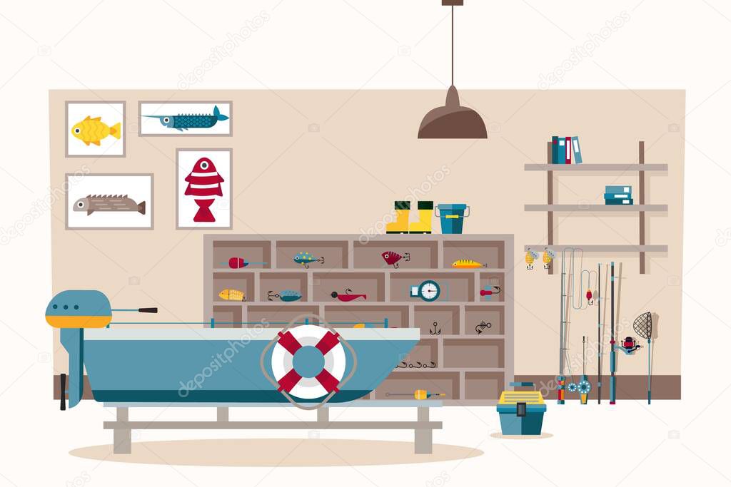 Fishermans room vector illustration, fishing tackle, hooks, fishing rod and spinning. There boat with motor in room flat banner