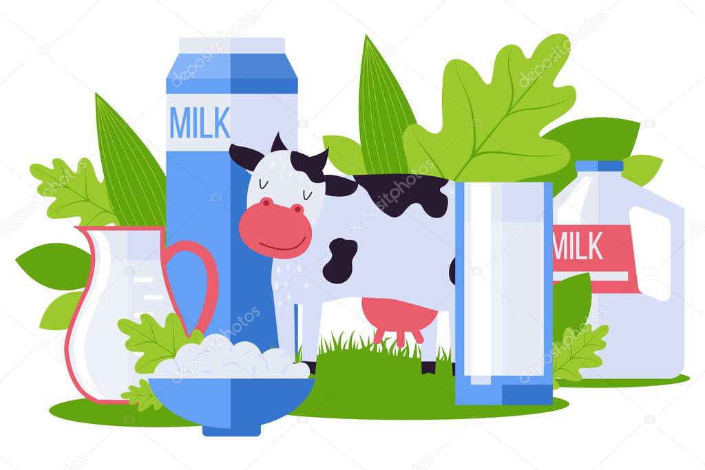 Animal farm, environmentally friendly dairy product collection vector illustration. Milk pack, cottage cheese in bowl, pet cow.