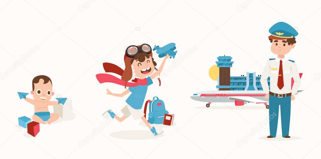 Dream job, guy from childhood loved airplane, set vector illustration. Kid playing with dice, paper plane. Boy character fantasize