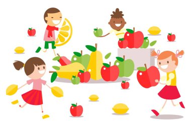 Erkekler ve kızlar taze meyve ikonlarının vektör illüstrasyonu için mutlular. Çocuk karakteri gülümsüyor, limonla koşuşturuyor.