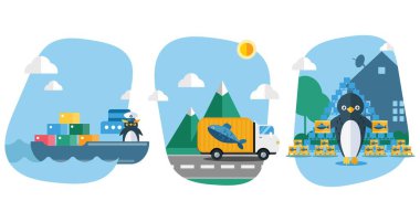 Penguen vektör çizimi için balık teslimatı. Kuş, gemide yiyecek ve deniz ürünleri taşır. Hayvanlar için kamyon nakliye balığı