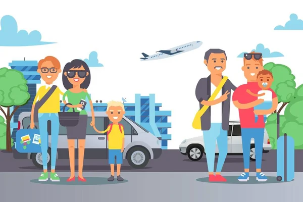 Flat people family at weekend, car trip vector illustration. Happy smiling couples standing with character children outside.