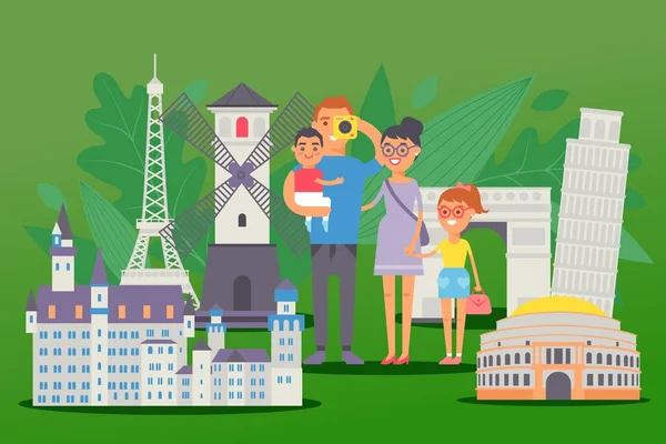 Flat happy people family traveling in europe, vector illustration. Parents with children near attractions, castle, Eiffel Tower