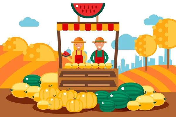 Couple vend des fruits de saison set illustration vectorielle. Homme et femme personnage debout derrière le comptoir avec melon, pastèques — Image vectorielle