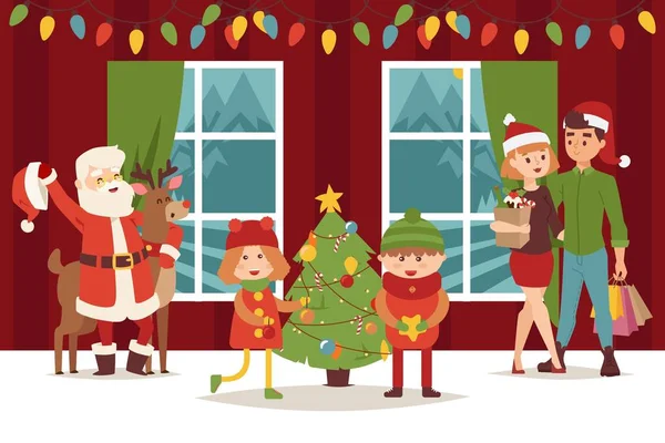I bambini festeggiano il Natale a casa. Babbo Natale, cervi e genitori con illustrazione vettoriale regali. Ragazzo e ragazza, fratelli — Vettoriale Stock