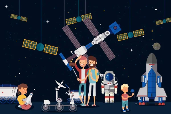 Selfie na stacji kosmicznej, grupa ludzi wektor ilustracji. Mężczyźni z brodami są fotografowane na przedniej kamery kreskówki, dzieci — Wektor stockowy