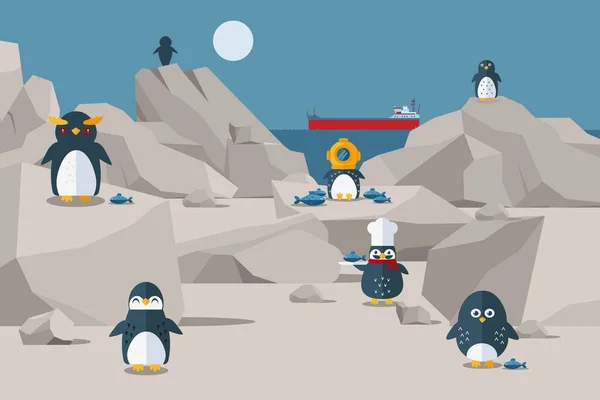 Pinguins almoçam na costa rochosa, ilustração vetorial. Pássaro de três tampas e chapéu de chef lá fora. Pinguim de personagem tem comida —  Vetores de Stock