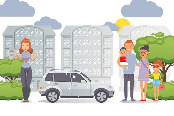 Gente plana familia comprar coche nuevo, vector de ilustración. Padres con hijos de carácter de pie en la concesionaria de automóviles, acuerdo — Archivo Imágenes Vectoriales