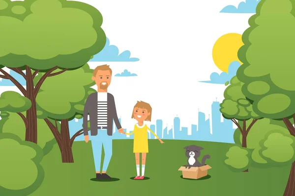 Gente plana familia, caminando en el parque de la ciudad con la pequeña hija vector ilustración. Hombre carácter agarre niño mano, chica mostrar padre — Archivo Imágenes Vectoriales