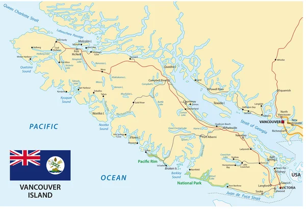 Vancouver Iseland mappa con bandiera — Vettoriale Stock