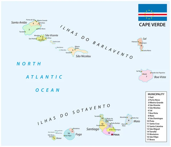 Cape verde mapa administrativo com bandeira — Vetor de Stock