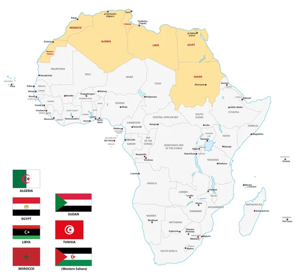 Mappa dell'Africa settentrionale con bandiere — Vettoriale Stock