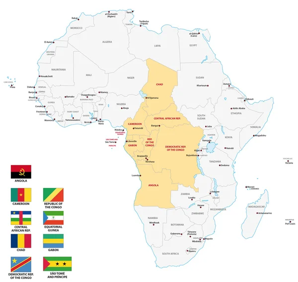 Centraal-Afrika kaart met vlaggen — Stockvector