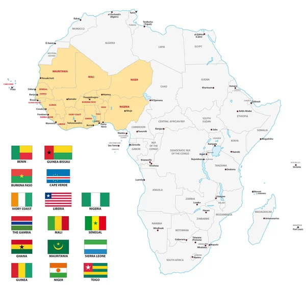 Afrique occidentale carte avec drapeaux — Image vectorielle