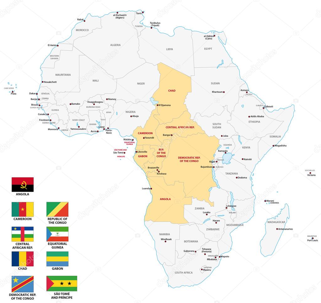 Central Africa map with flags