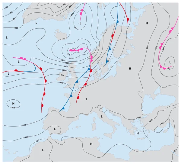 Képzeletbeli időjárási térkép Európa, amely izobárokat és időjárási frontokat mutat — Stock Vector