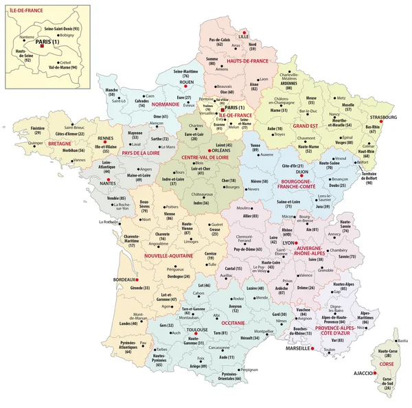 Franciaország 13 régiójának közigazgatási térképe 2016 óta — Stock Vector