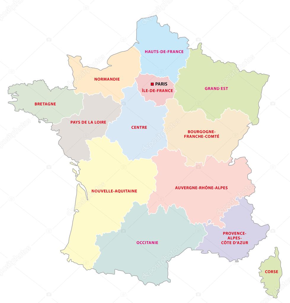 Administrative map of the 13 regions of france since 2016