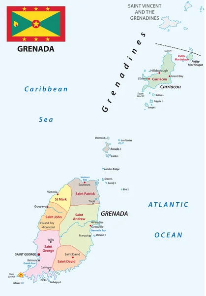 Grenada Verwaltungskarte mit Flagge — Stockvektor