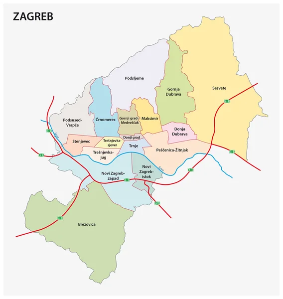 Division administrative carte de la capitale croate zagreb — Image vectorielle