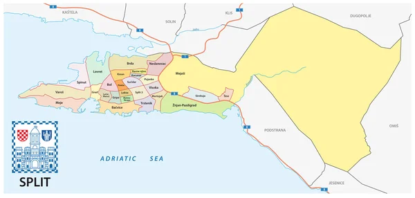 Mapa administrativo de Split con escudo de armas — Vector de stock