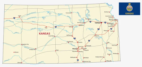 Kansas road map with flag — Stockový vektor