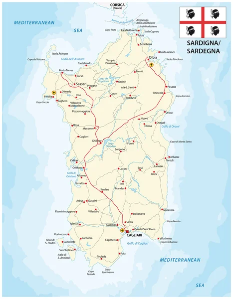 Road map of the italian mediterranean island sardinia with flag — Stock Vector