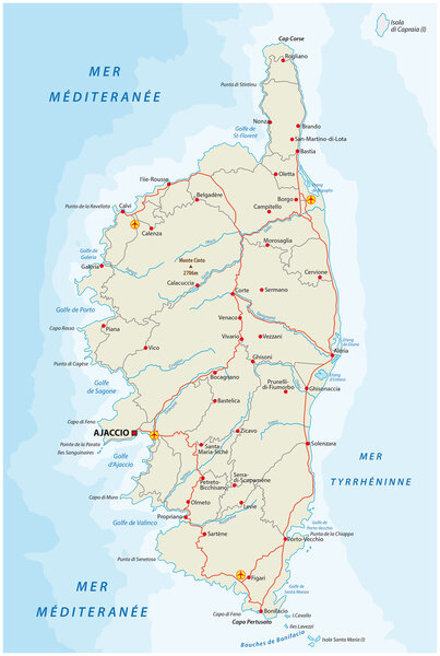  Road map of the french mediterranean island corsica