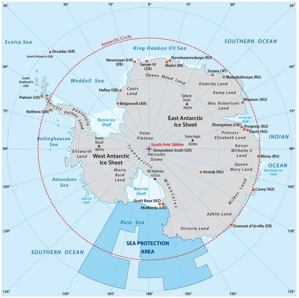 Mapa da Antártida com a nova área de proteção do mar no mar de Ross — Vetor de Stock