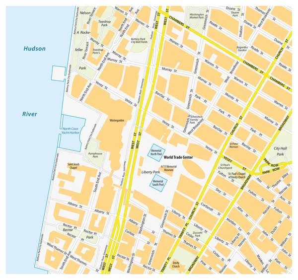 Mapa centro de Manhattan World Trade Center, Nova Iorque — Vetor de Stock