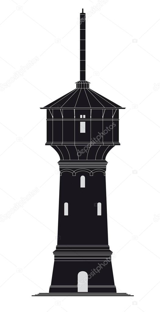 Black white silhouette of an old water tower