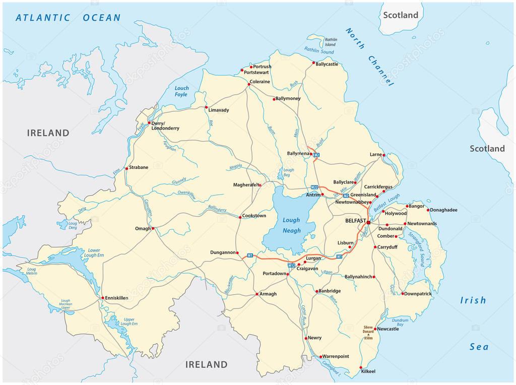 Detailed road map of the British province of Northern Ireland