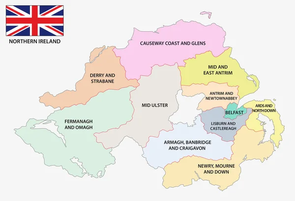 Mappa amministrativa e politica dell'Irlanda del Nord con bandiera — Vettoriale Stock