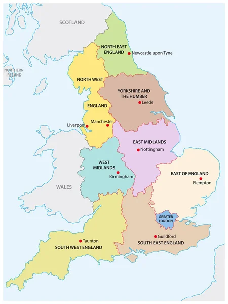 İngiltere'nin dokuz bölgeleri Haritası anahat — Stok Vektör