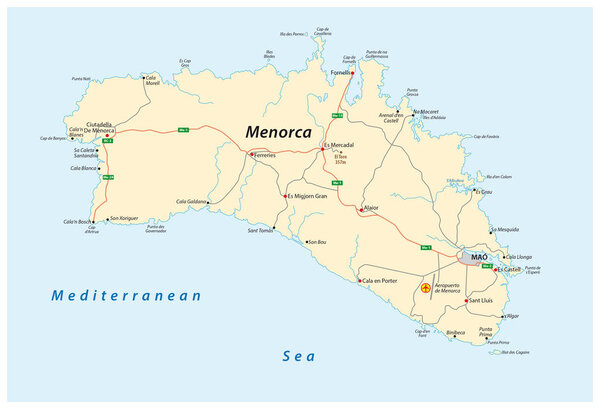 Street map of the Spanish Balearic Iceland of Menorca