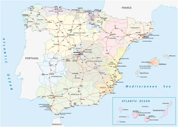 スペインの高速道路と主要道路の詳細地図 — ストックベクタ