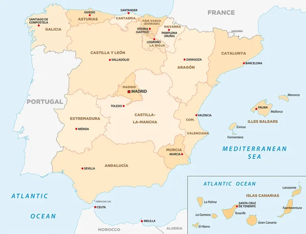 Mapa administrativo de España — Vector de stock