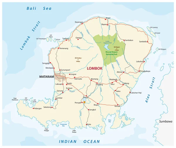 Road map dell'isola indonesiana di Lombok — Vettoriale Stock