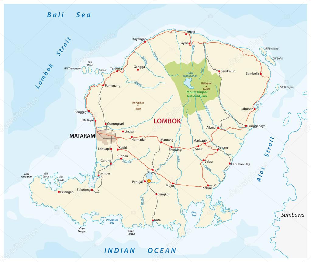 road map of the indonesian island of Lombok 