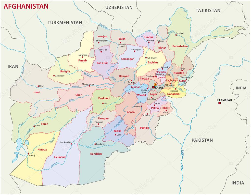 Afghanistan administrative and political vector map includes surrounding countries, in color with cities, district names and capitals