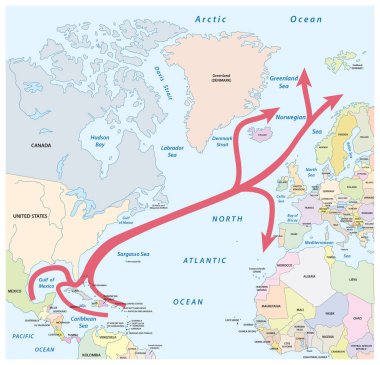 Kuzey Atlantik Okyanusu Körfez ve Kuzey Atlantik akışında Haritası