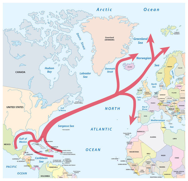Map of the Gulf and North Atlantic stream in the North Atlantic Ocean